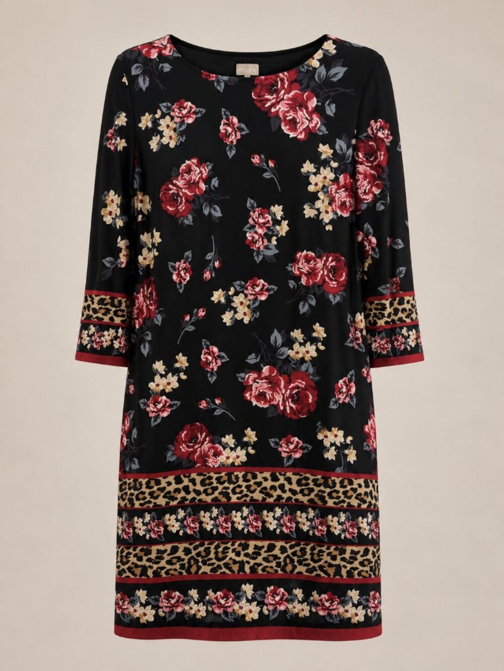 Chico's Floral Leopard Print Sheath Dress Black 3/4 Sleeve Size 2 (12/14)